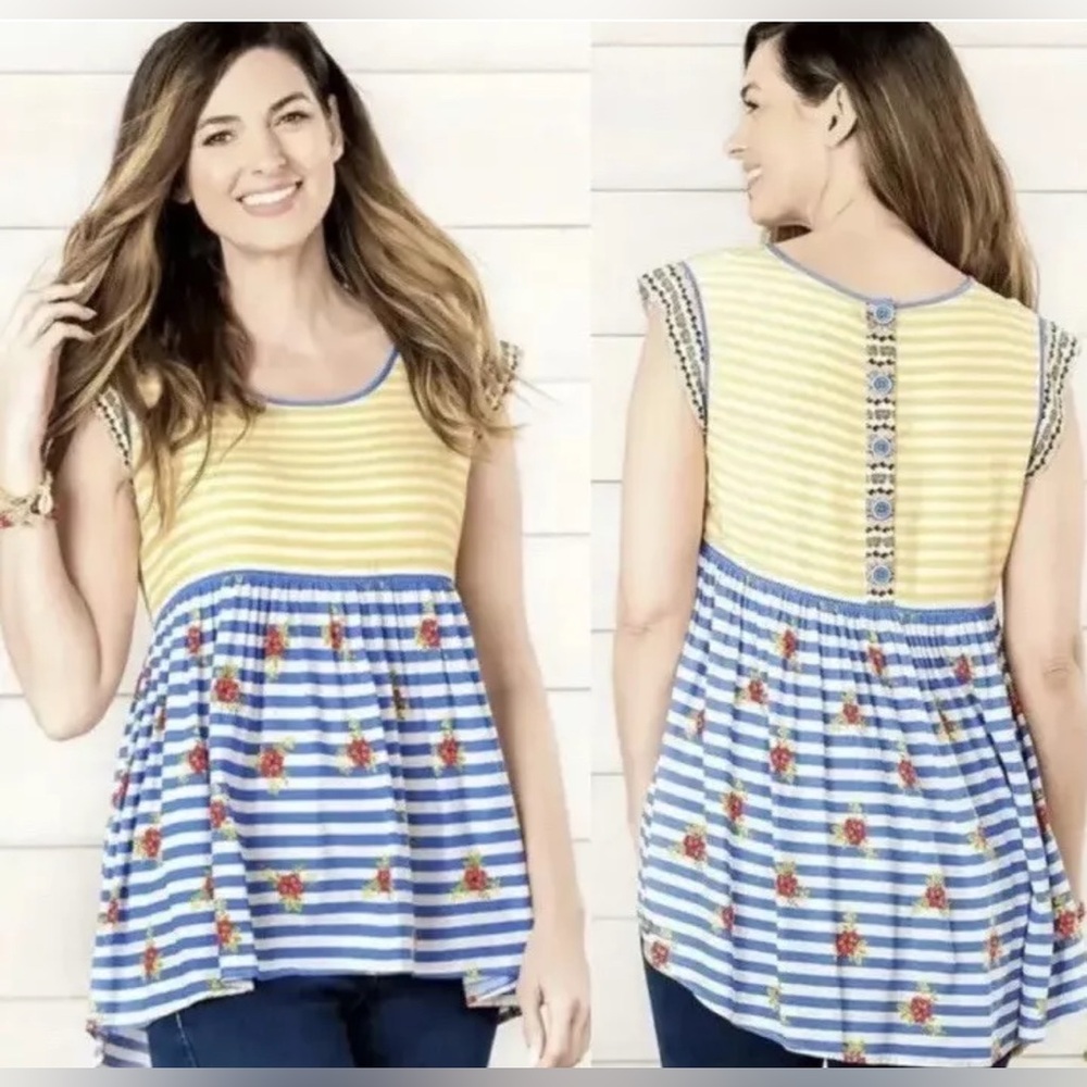 Matilda Jane Women's Floral Stripped Blouse Top Hi Lo Tunic Top Yellow Blue L